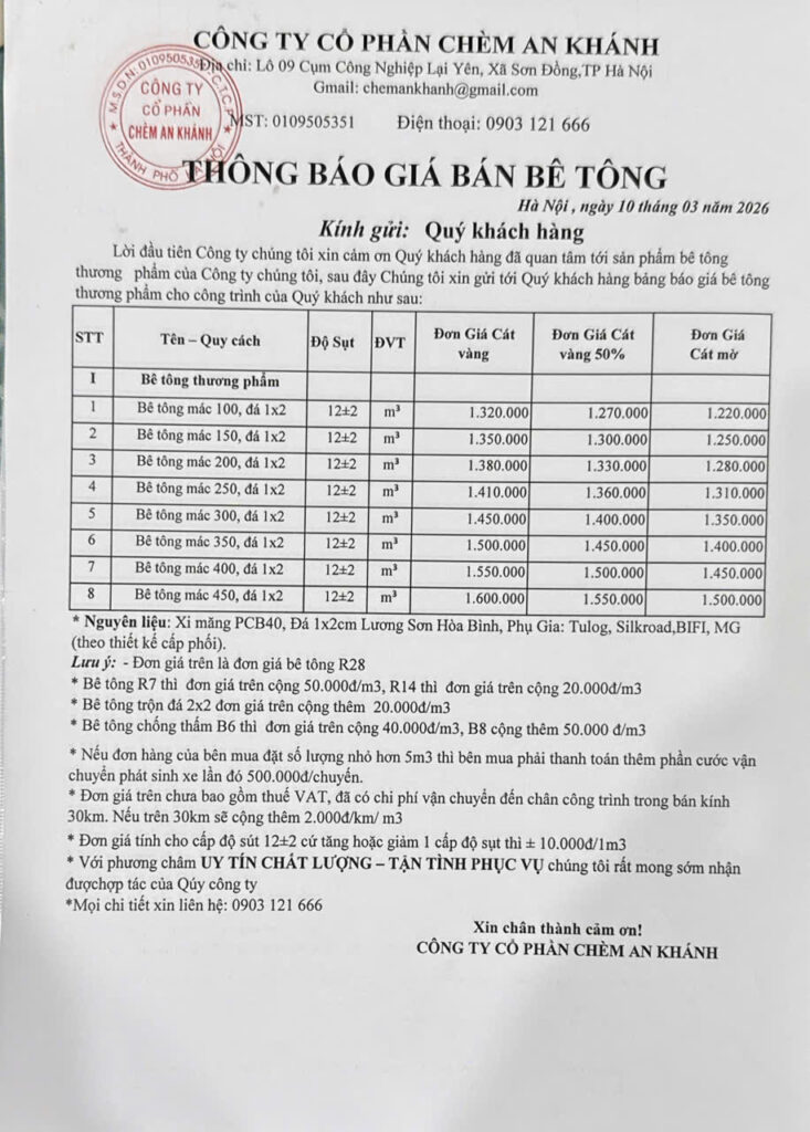 bảng giá bê tông tươi hà nội 